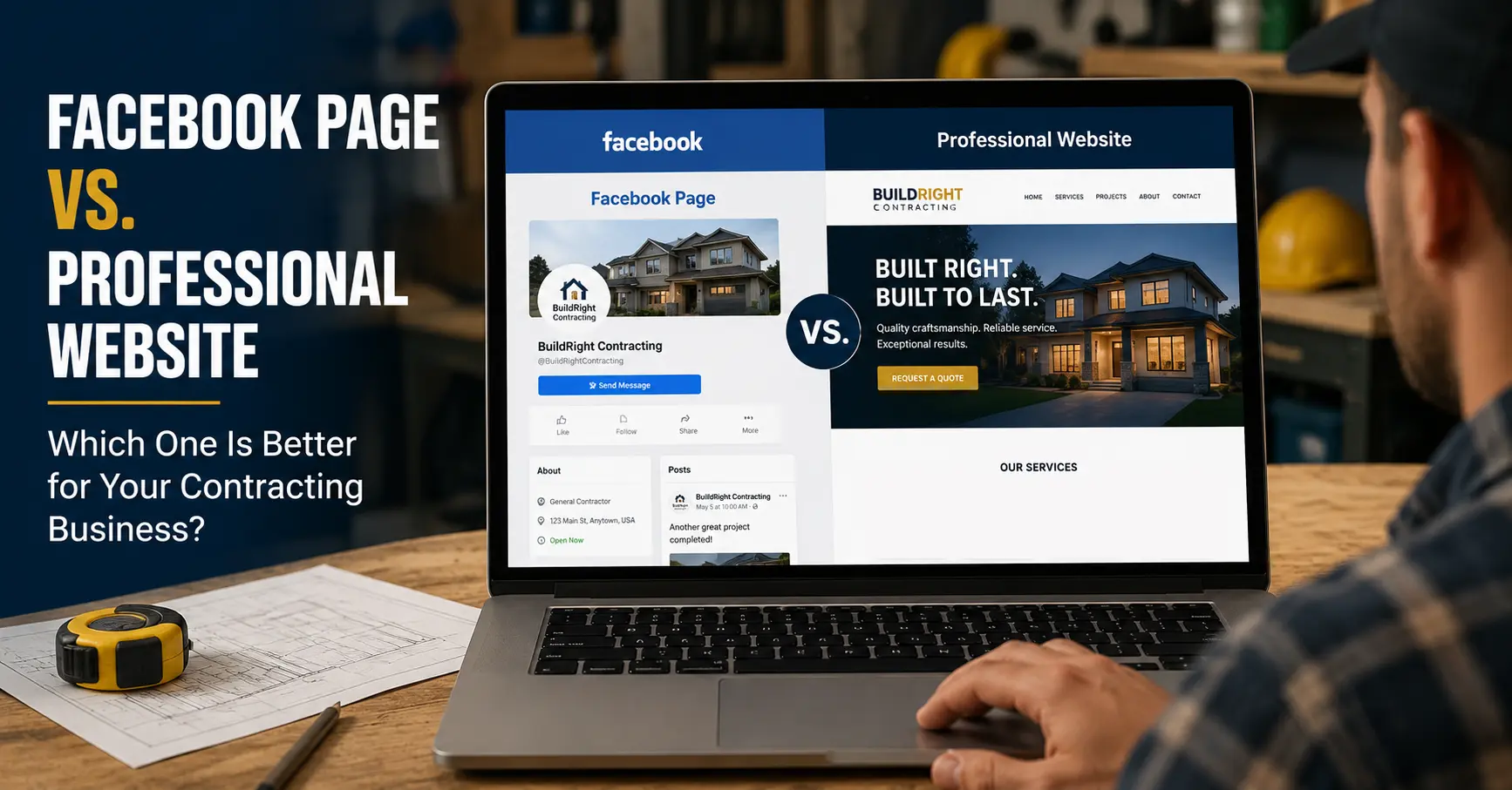 Contractor comparing Facebook page and professional website on laptop