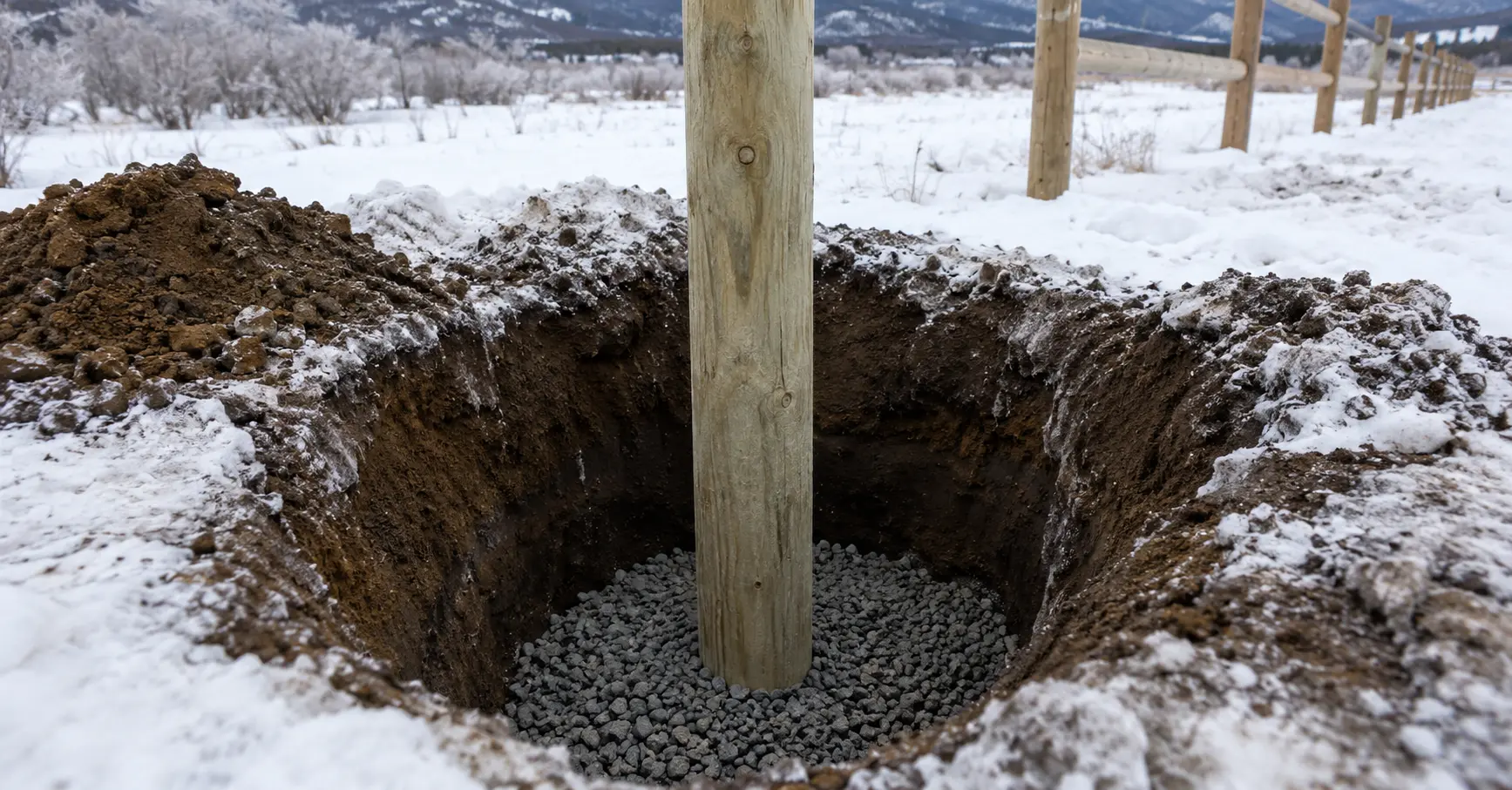 Fence post being set in a deep hole with gravel base in cold climate
