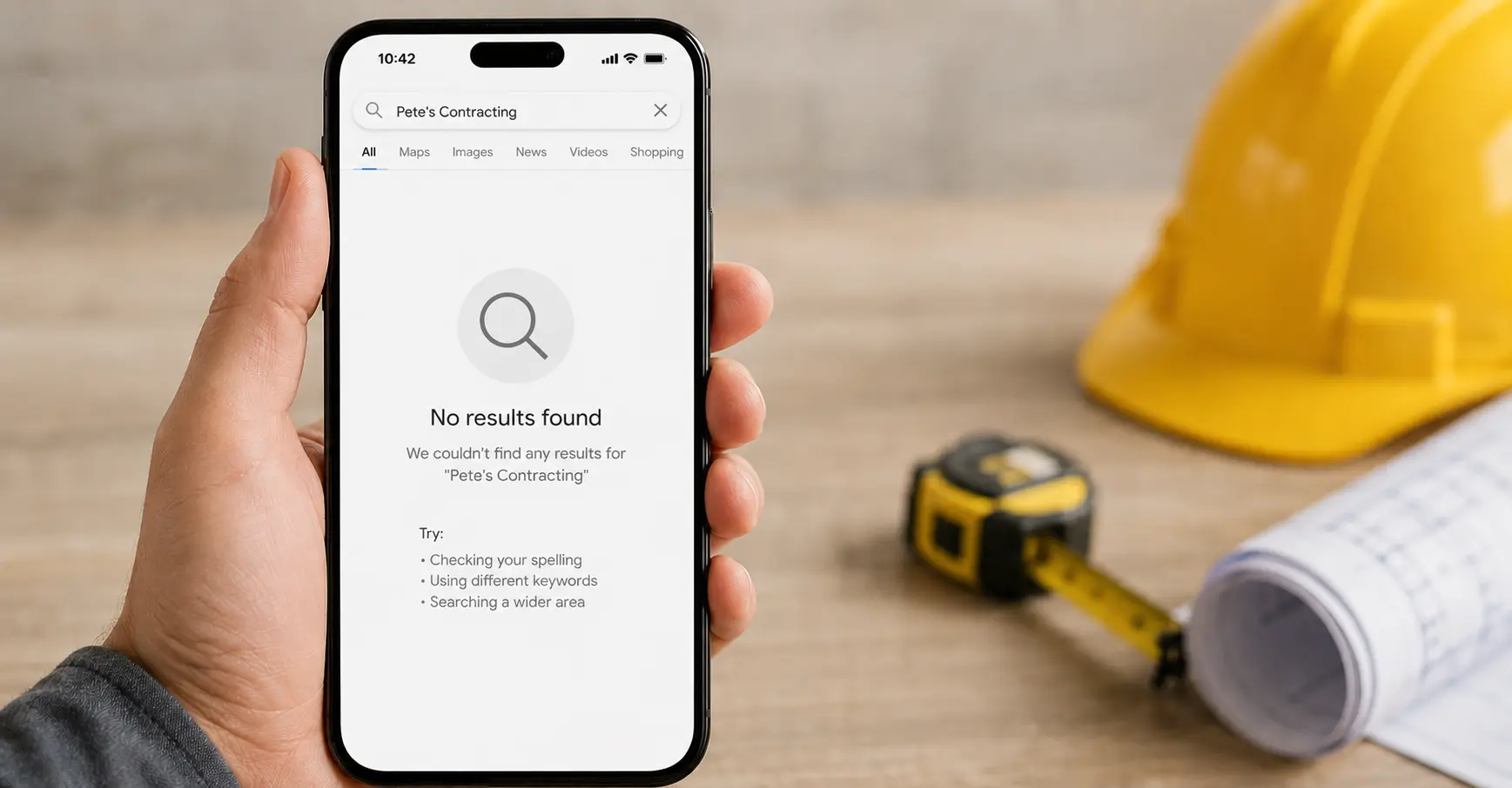 Empty search results on phone screen showing nothing for a contractor without a website
