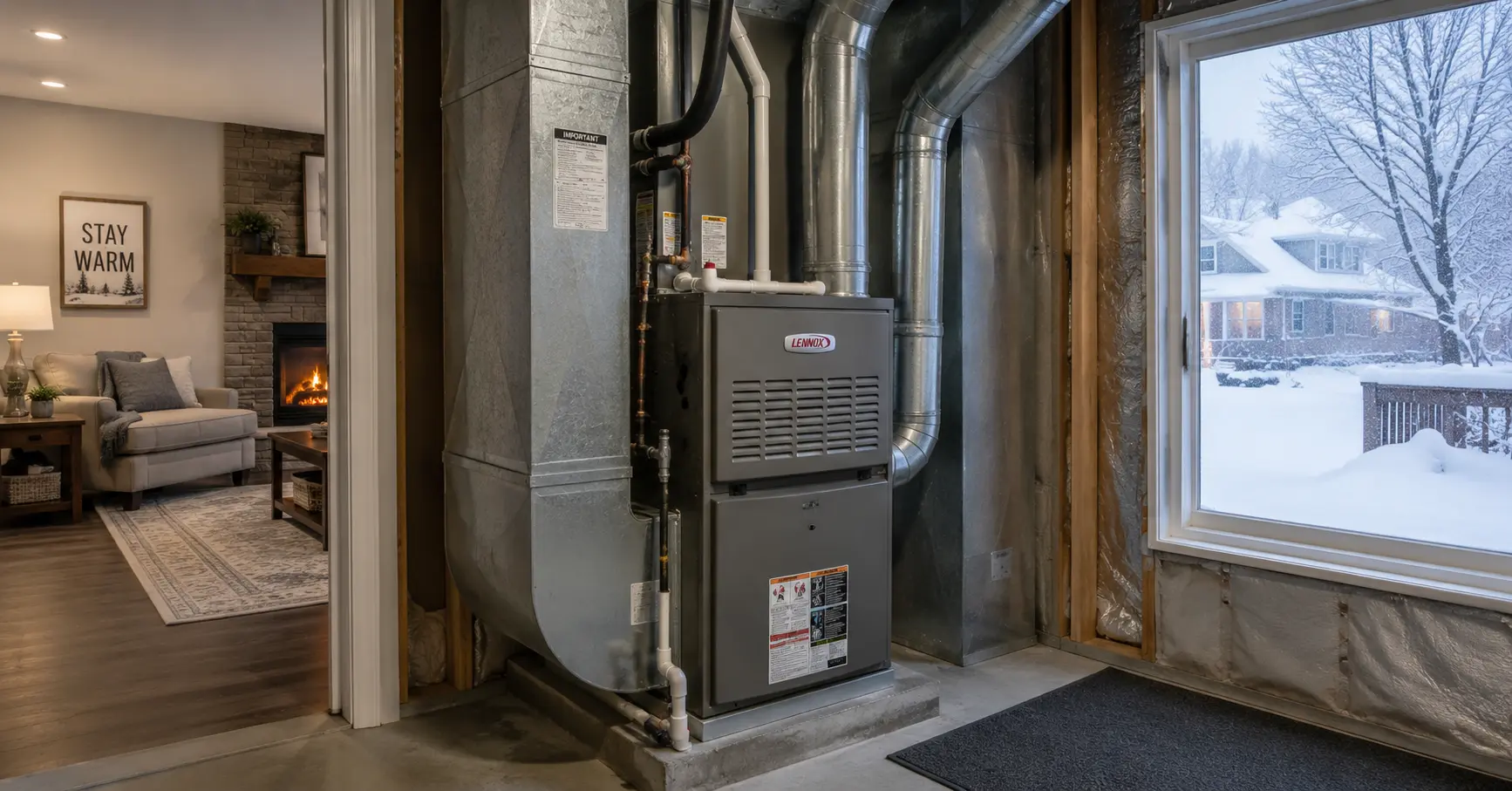 Furnace heating system in a cold climate home with snow visible outside
