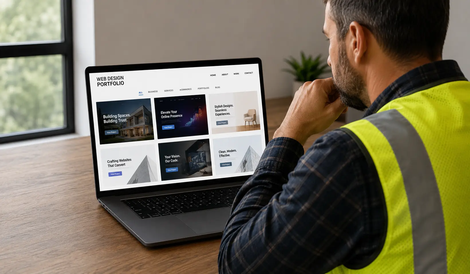 Contractor reviewing web designer portfolios on a laptop