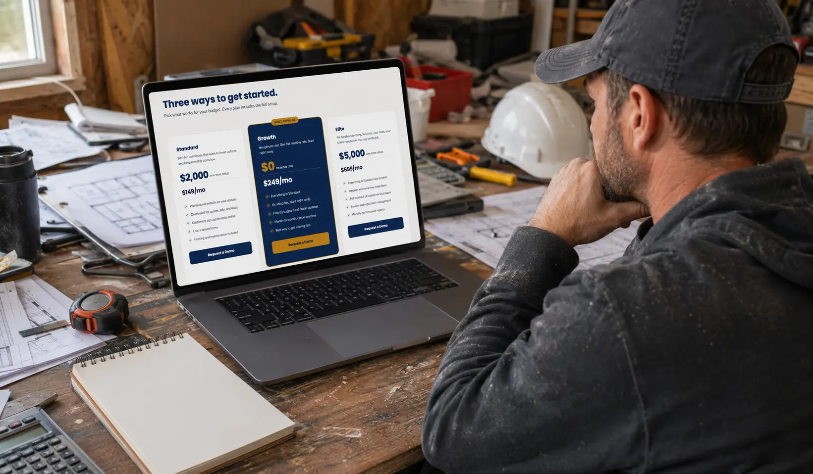 Contractor reviewing website pricing options on a laptop and notepad