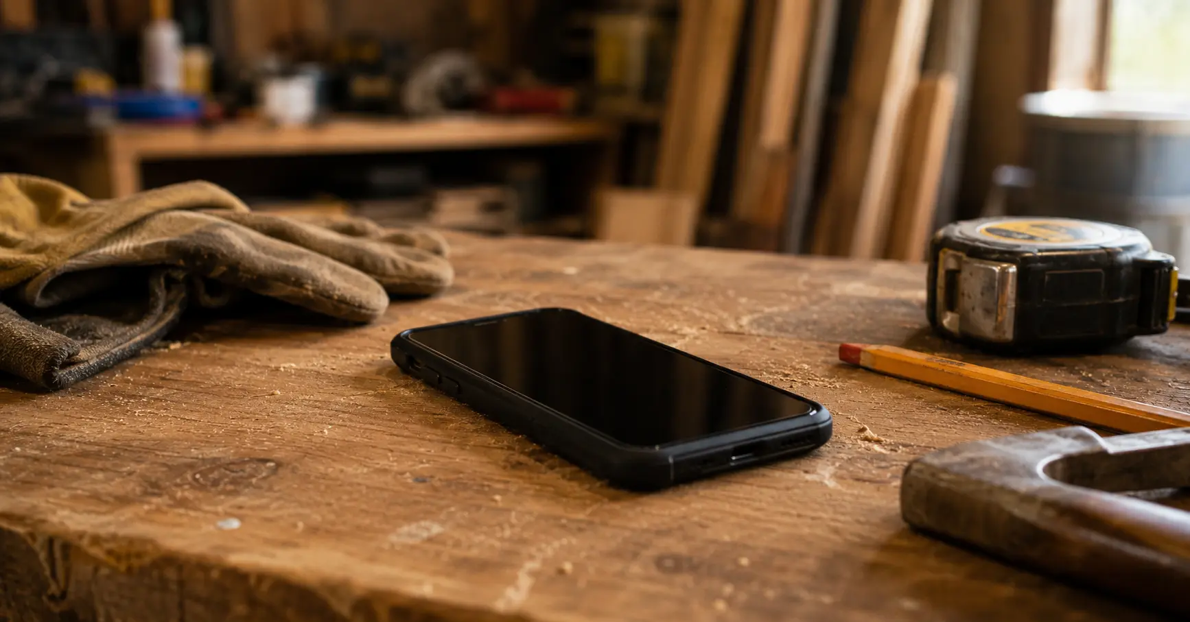 Silent smartphone resting on a workbench next to tools in a contractor's workshop.