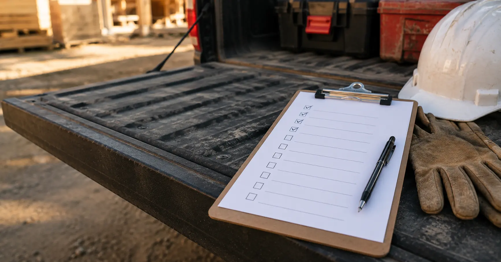 Website audit checklist on a clipboard resting on a contractor's truck tailgate