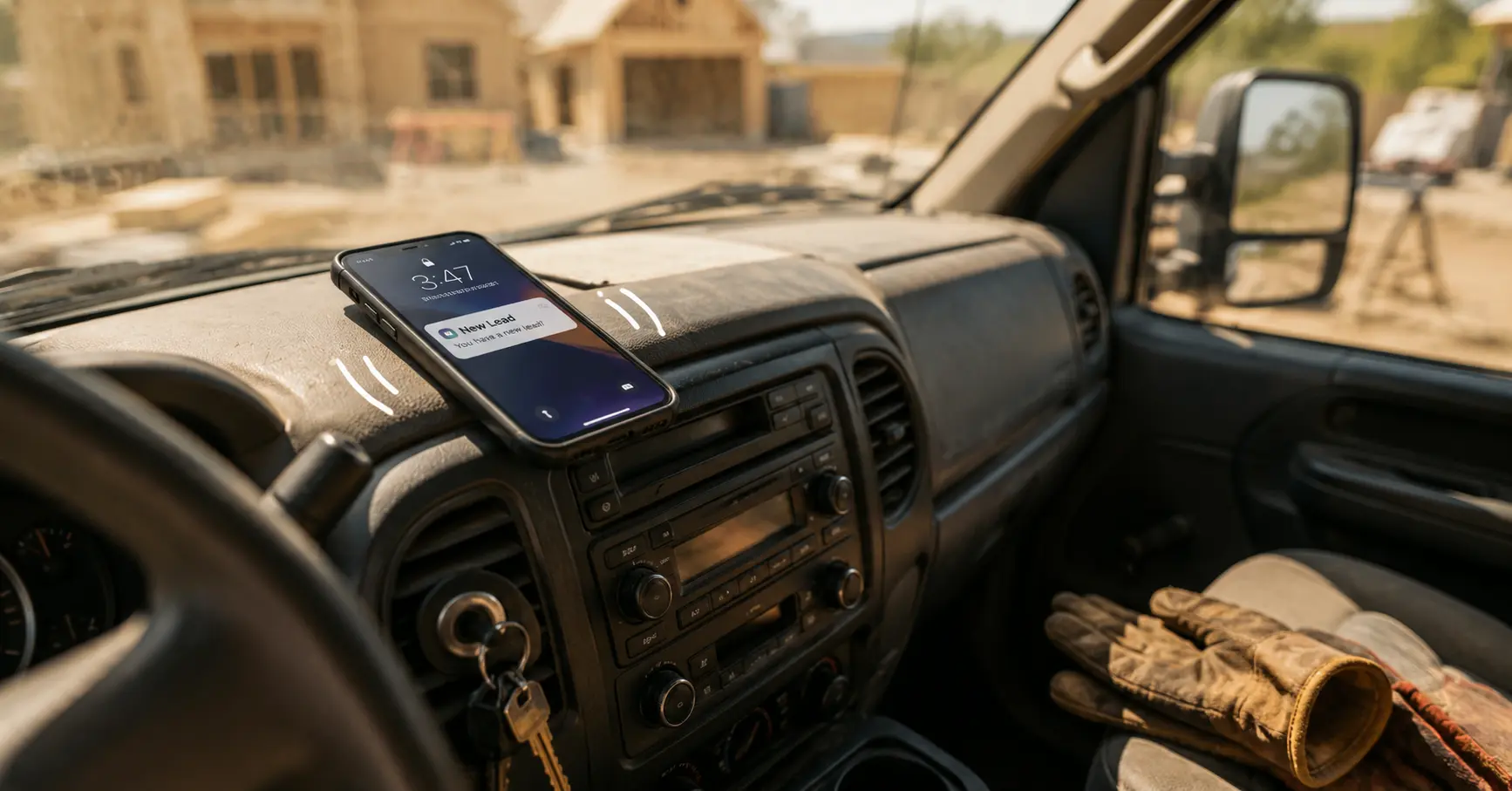Phone lighting up with a new lead notification on a contractor's truck dashboard