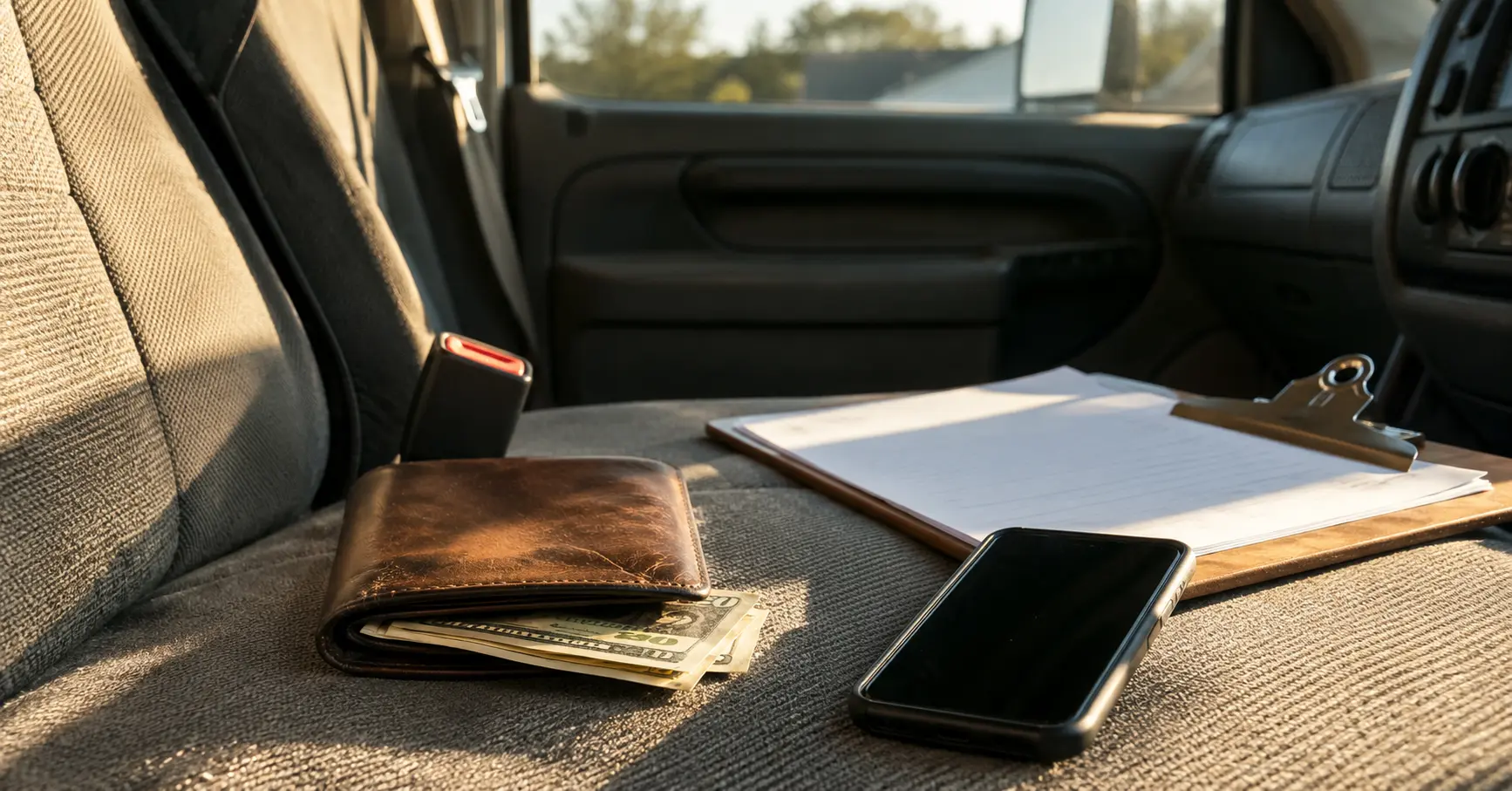 Wallet and cash on a contractor's truck seat representing the cost of buying leads.
