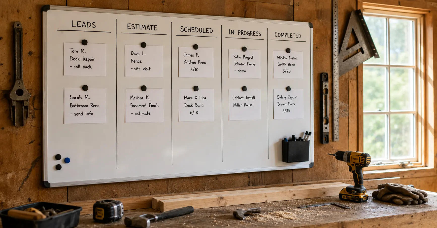 Job board in a contractor's workshop showing an organized lead pipeline.