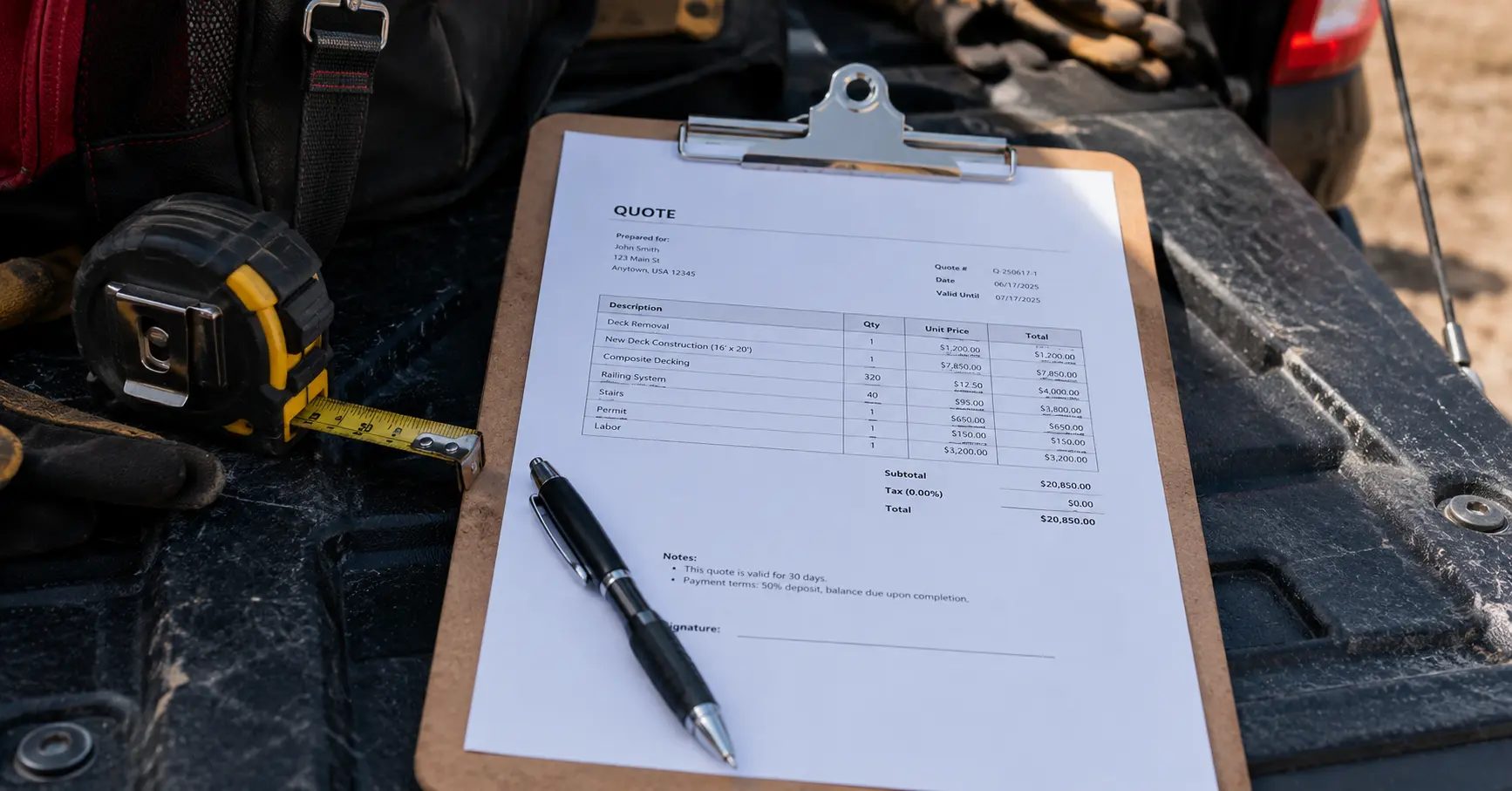 Contractor reviewing a printed job quote on a truck tailgate with a tape measure and pen