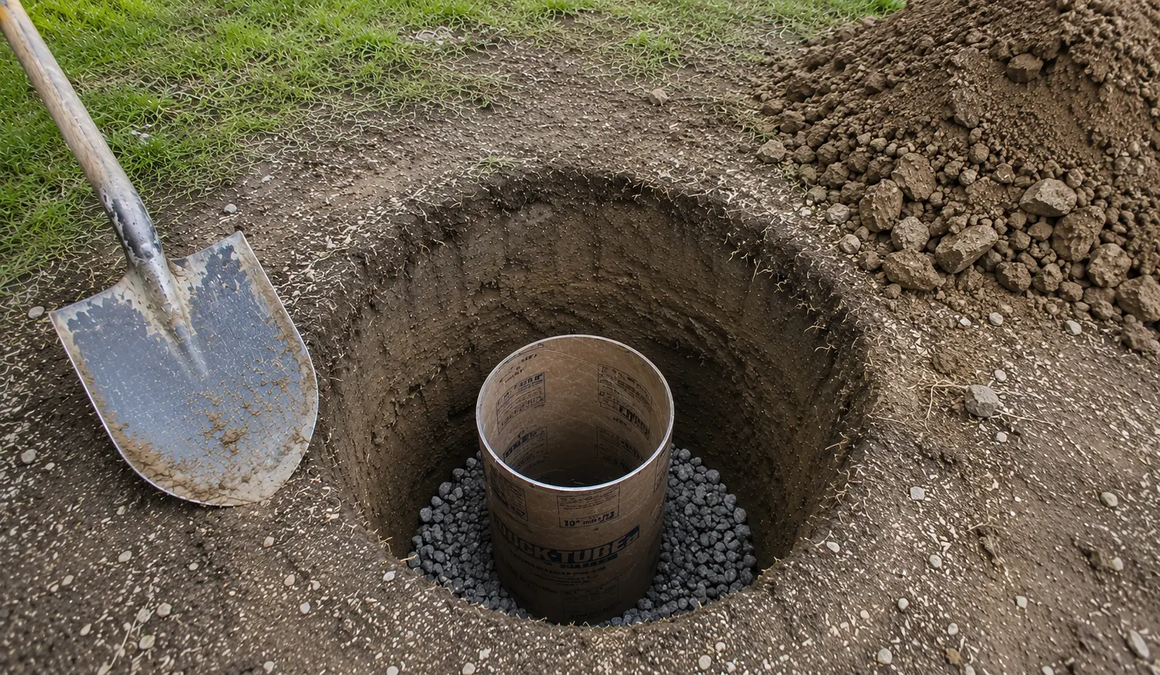 Concrete form tube set in a dug deck footing hole with a post base anchor, gravel and tools nearby