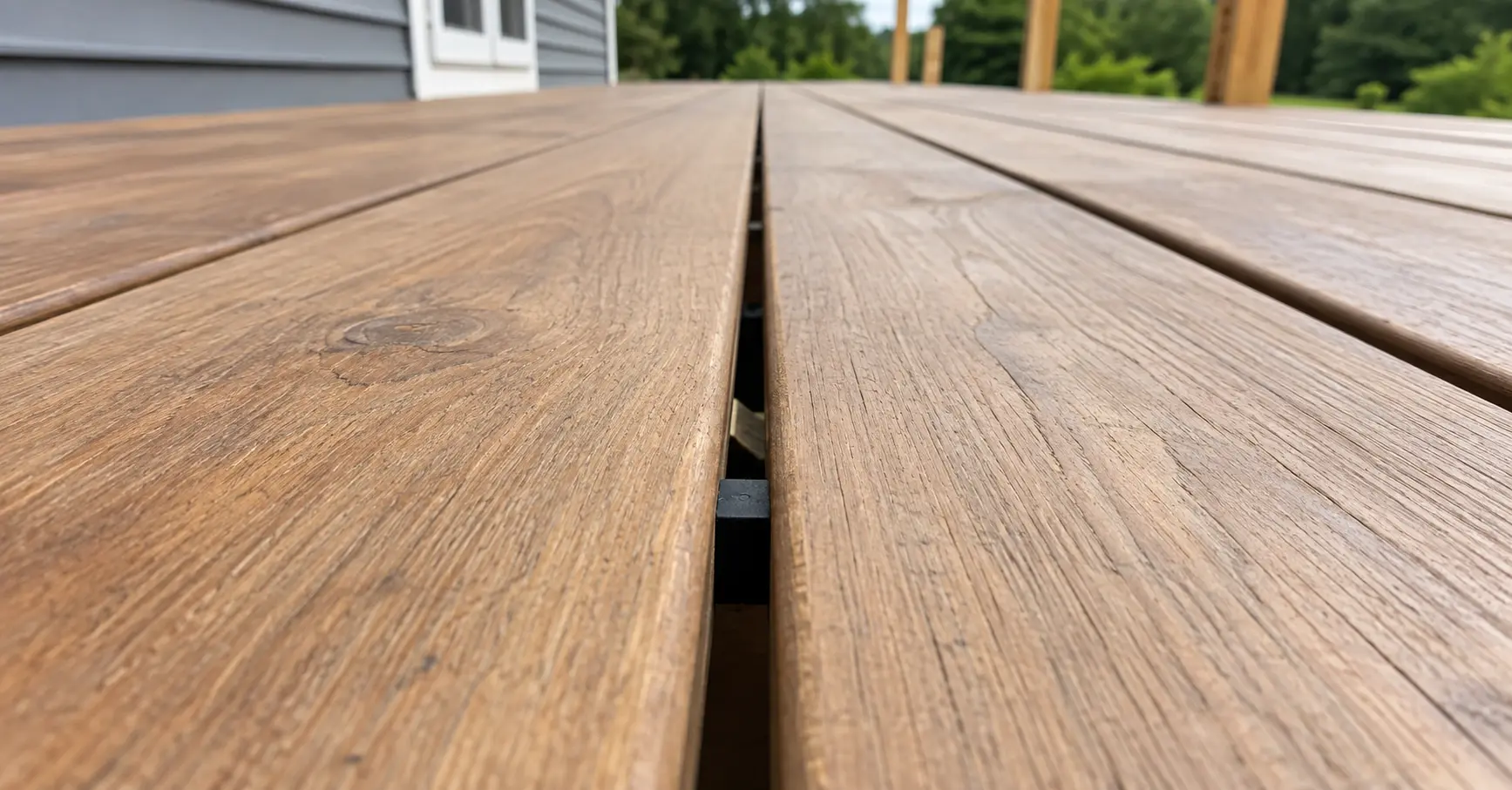 Deck boards being installed with a spacer set between them, screw gun and fasteners on the deck surface