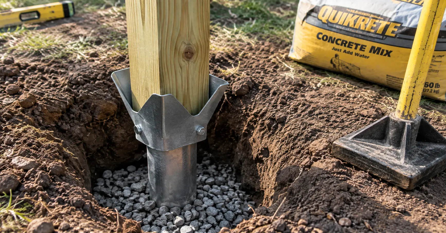 Fence post set in a hole with crushed stone at the base and a crowned concrete collar at grade